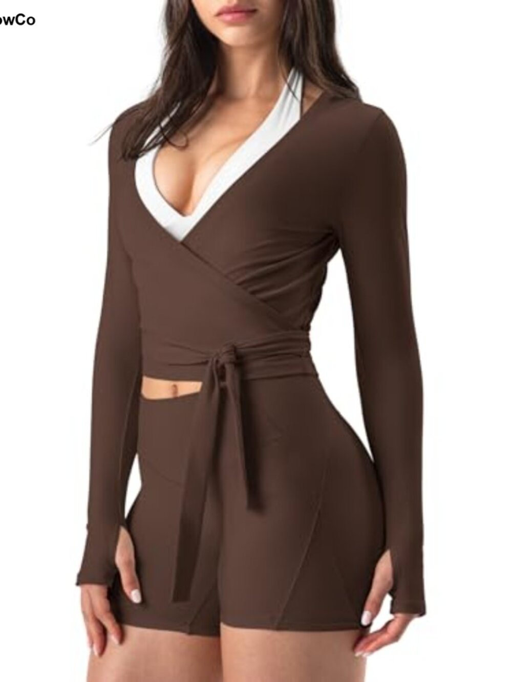 Nylon Spandex Cropped Wrap Top Long Sleeve Thumbholes Yoga Pilates Women